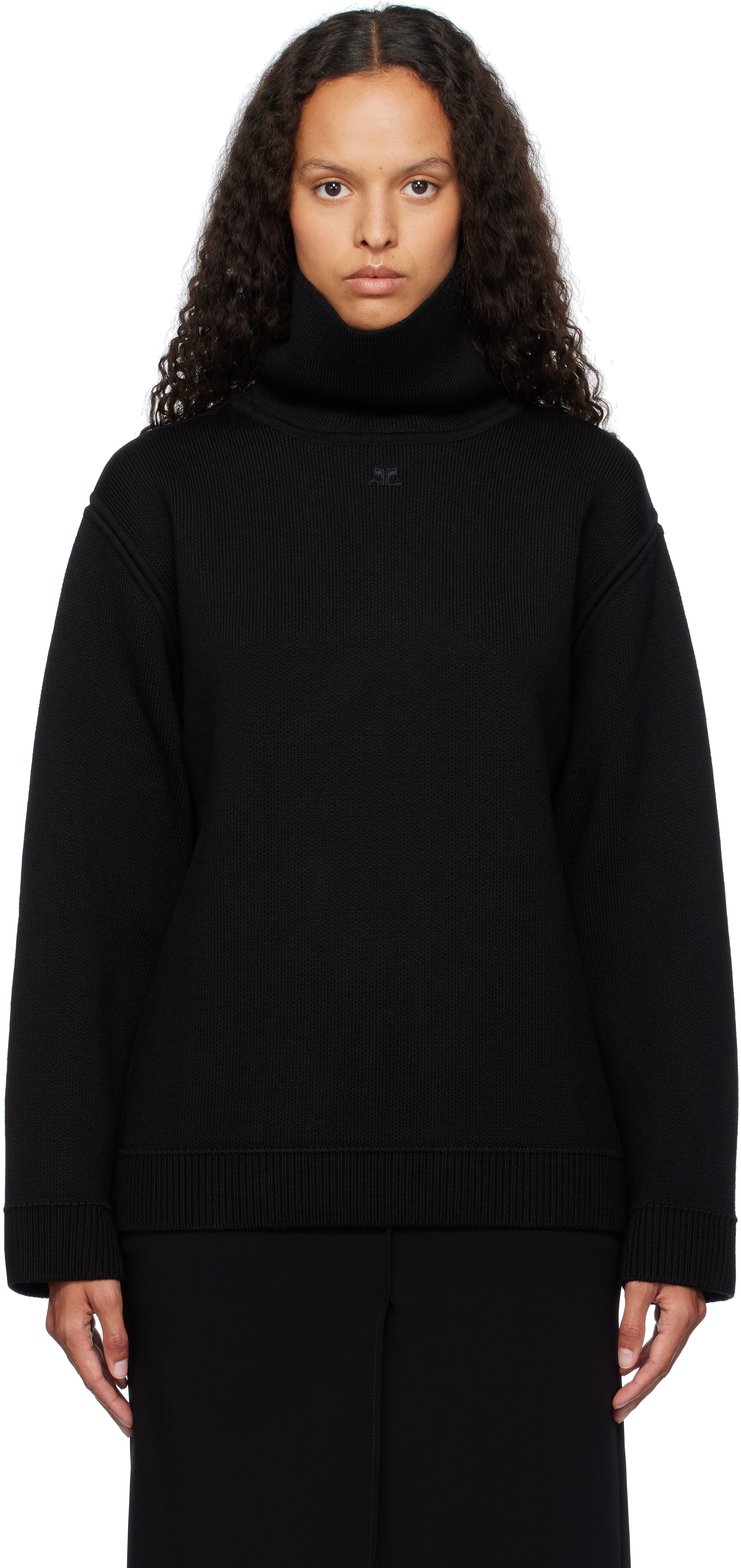 Courrèges Black Oversized Mockneck Knit Sweater