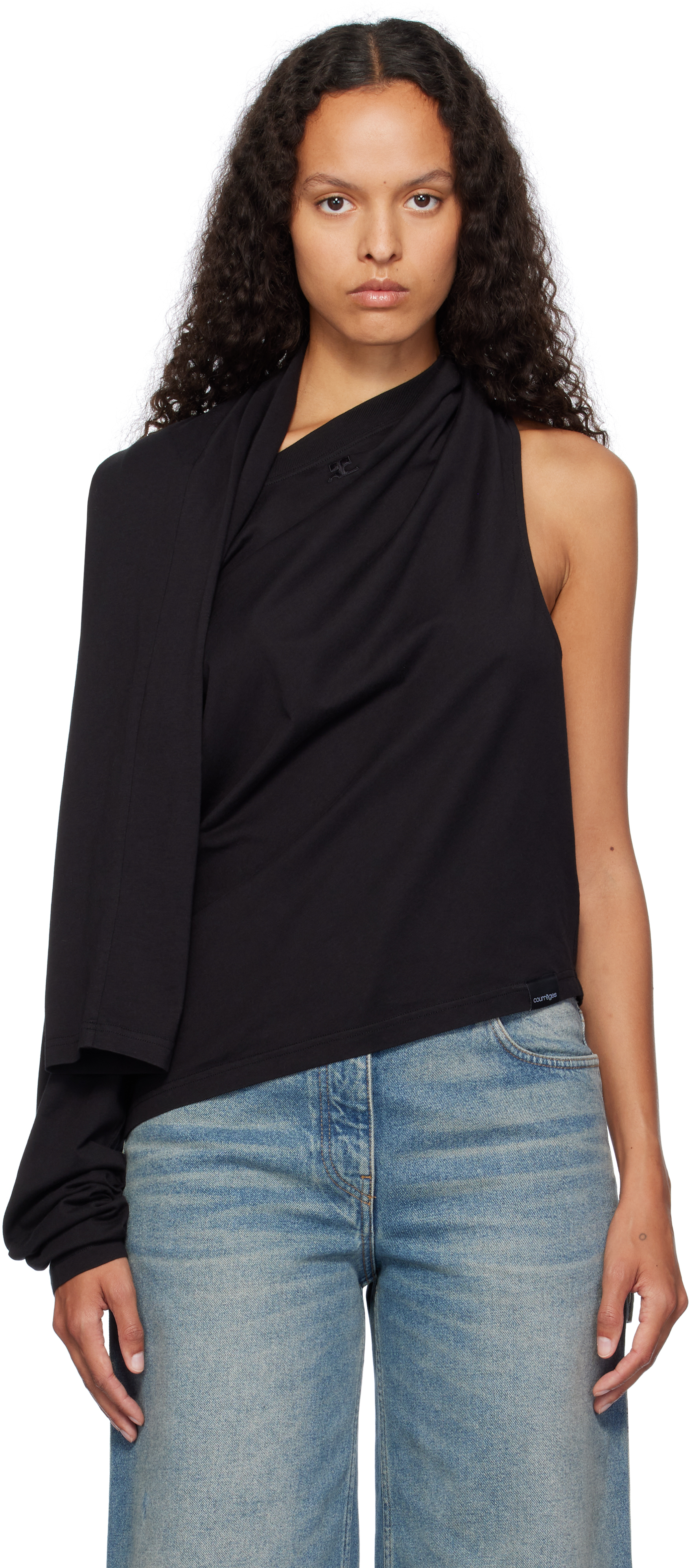 Shop Courrèges Black Asymmetric Off Shoulder T-shirt In 9999 Black