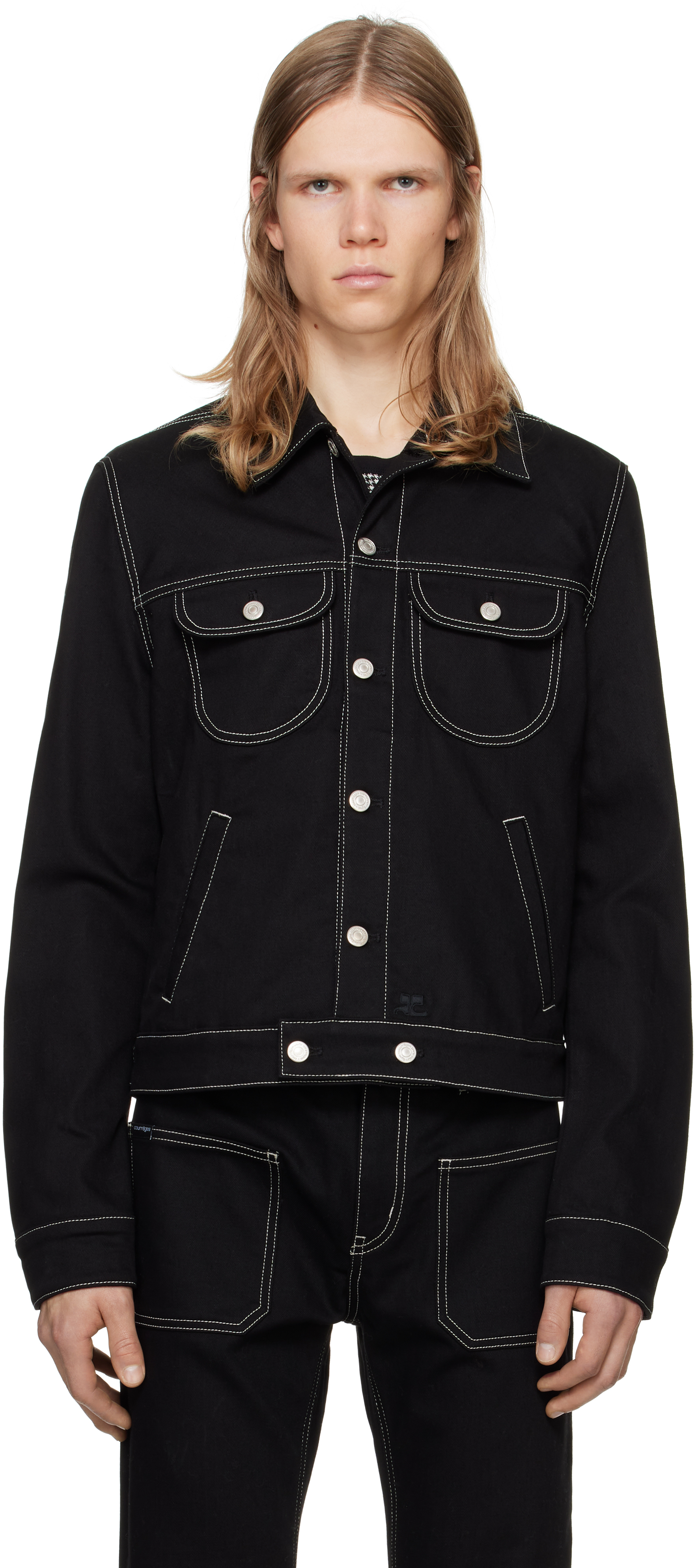 Shop Courrèges Black Topstitched Denim Trucker Jacket In B044