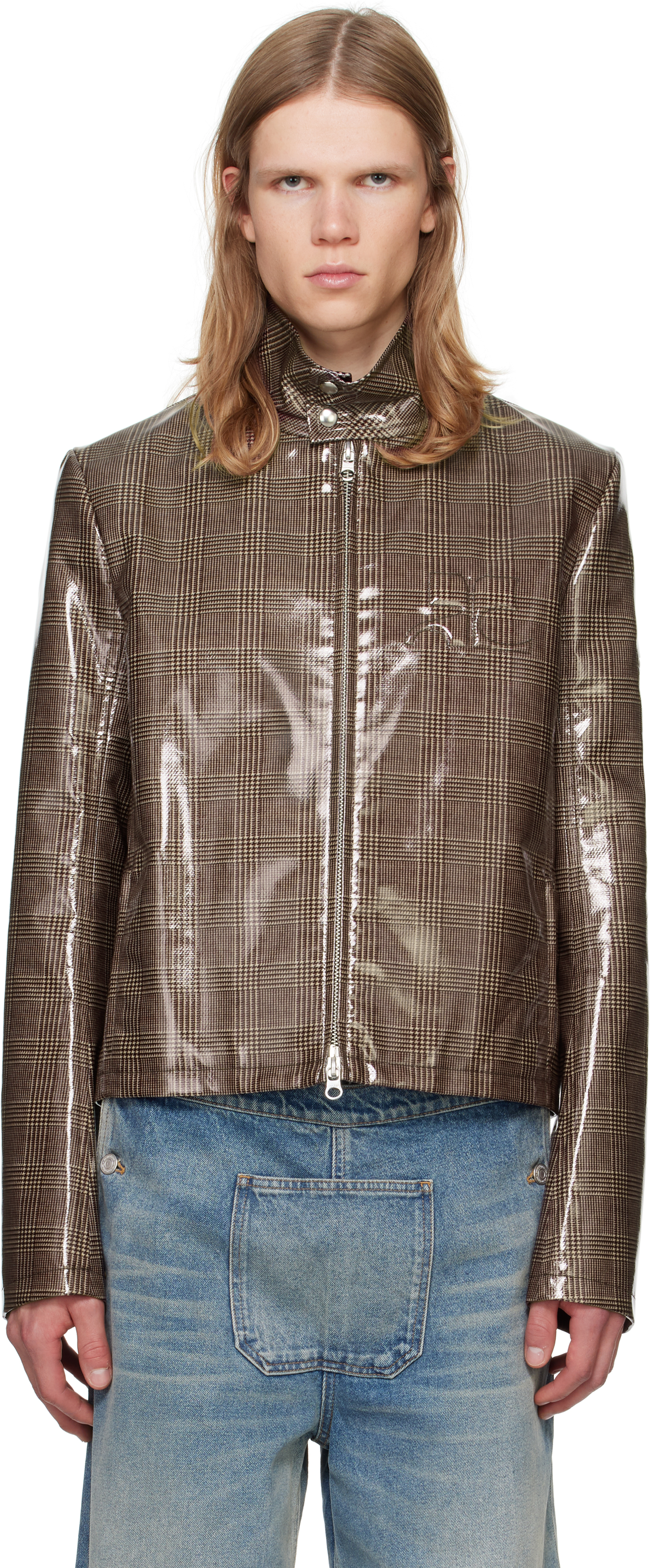 Shop Courrèges Brown Vinyl Prince Of Wales Biker Jacket In B107