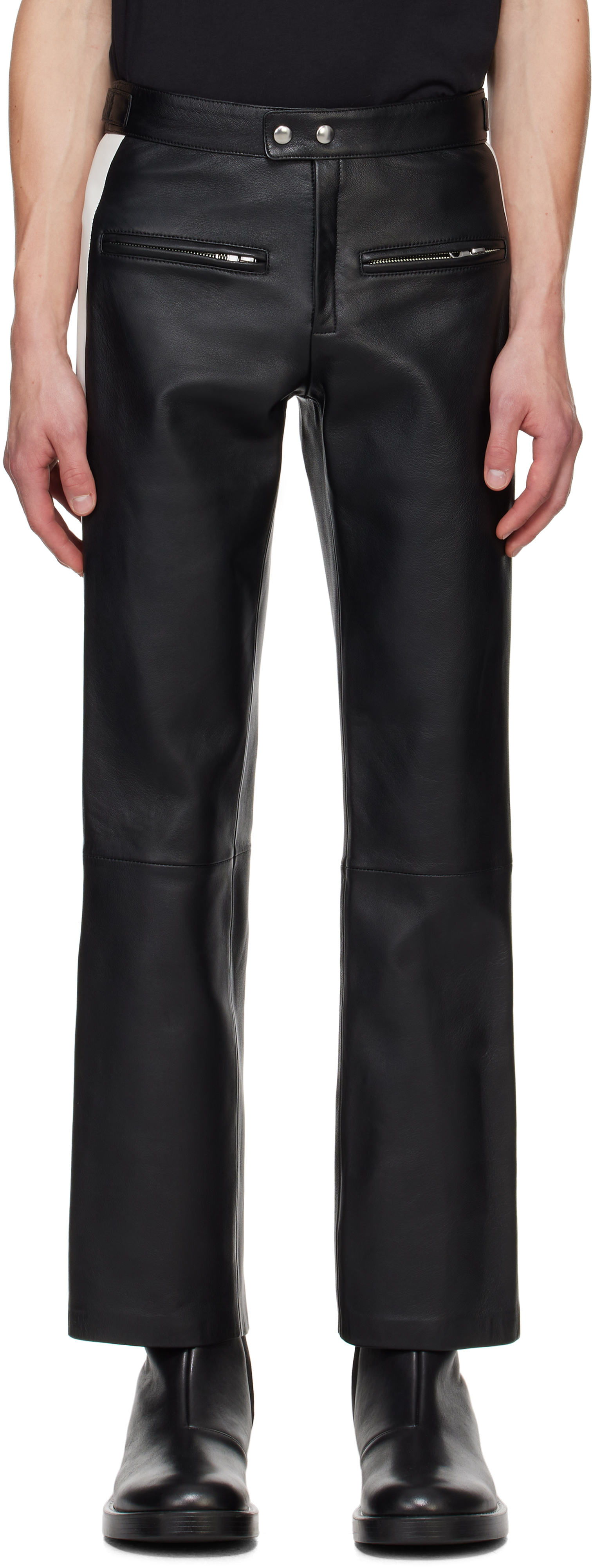 Courrèges Black & White Contrast Band Biker Leather Pants