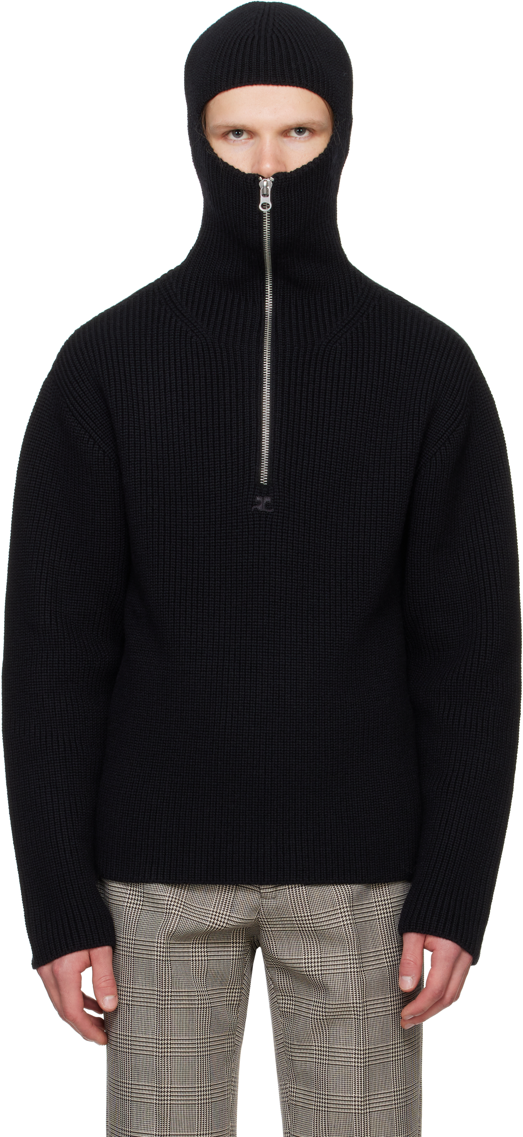 Shop Courrèges Black Ribbed Wool Hoodie In 9999