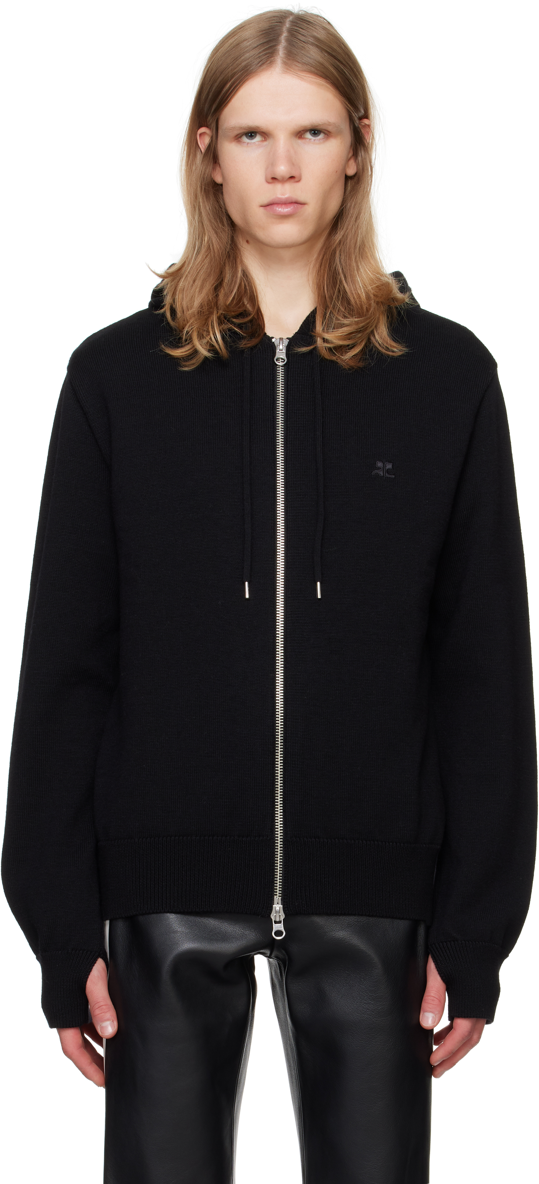 Shop Courrèges Black Zipped Wool Hoodie In 9999