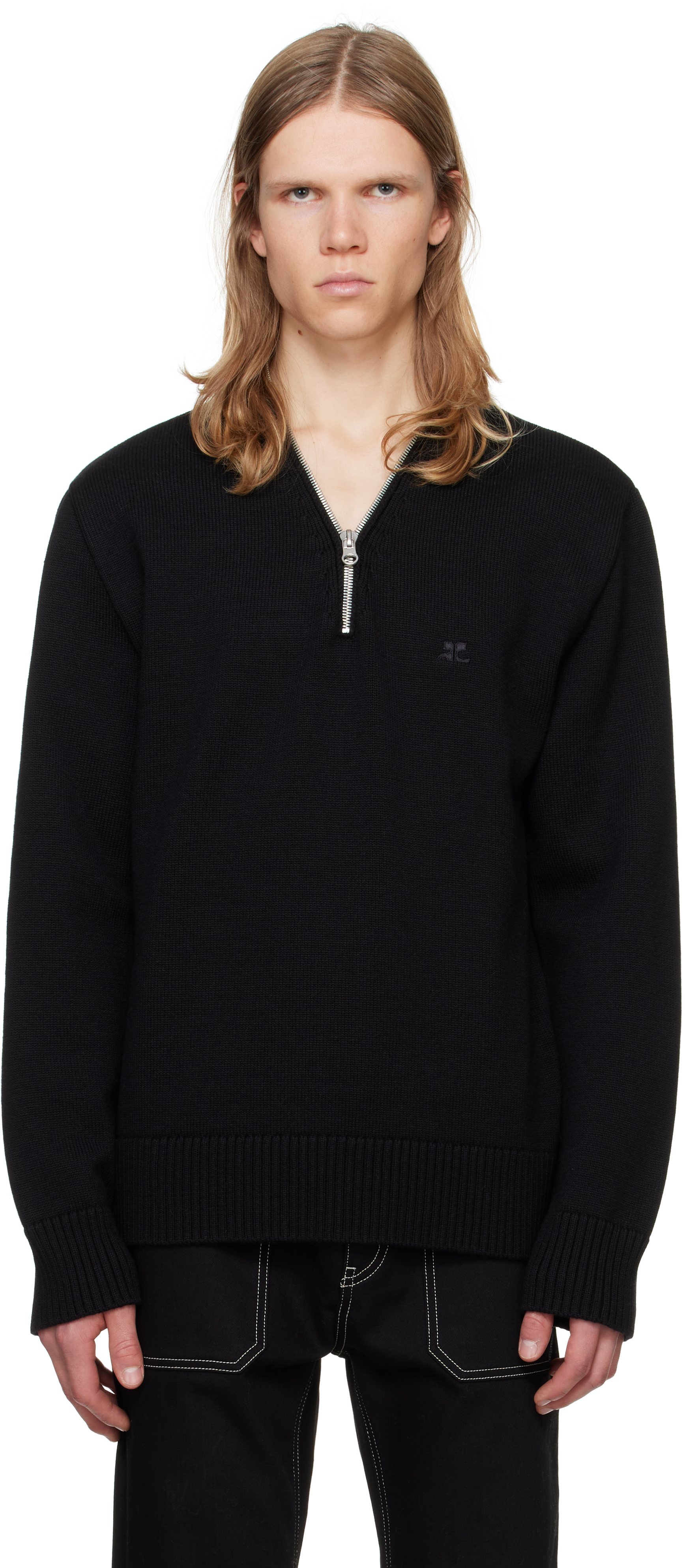 Shop Courrèges Black Zipped Wool Sweater In 9999