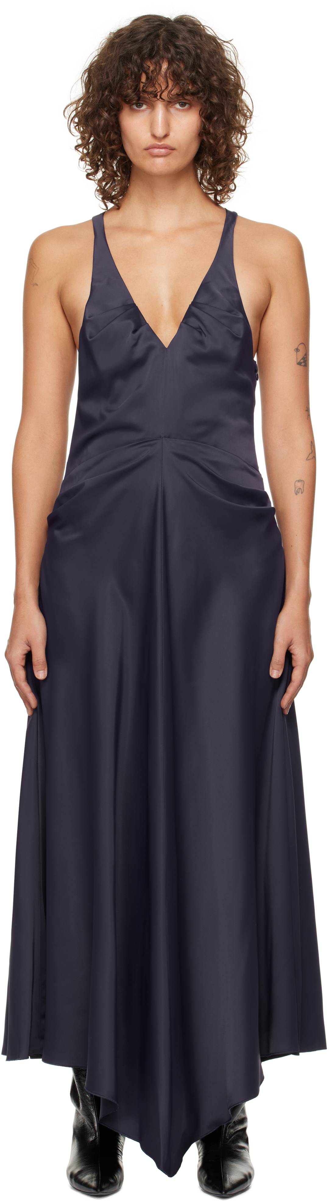 Victoria Beckham Navy Gathered Racer Back Midi Dress In Ink Blue