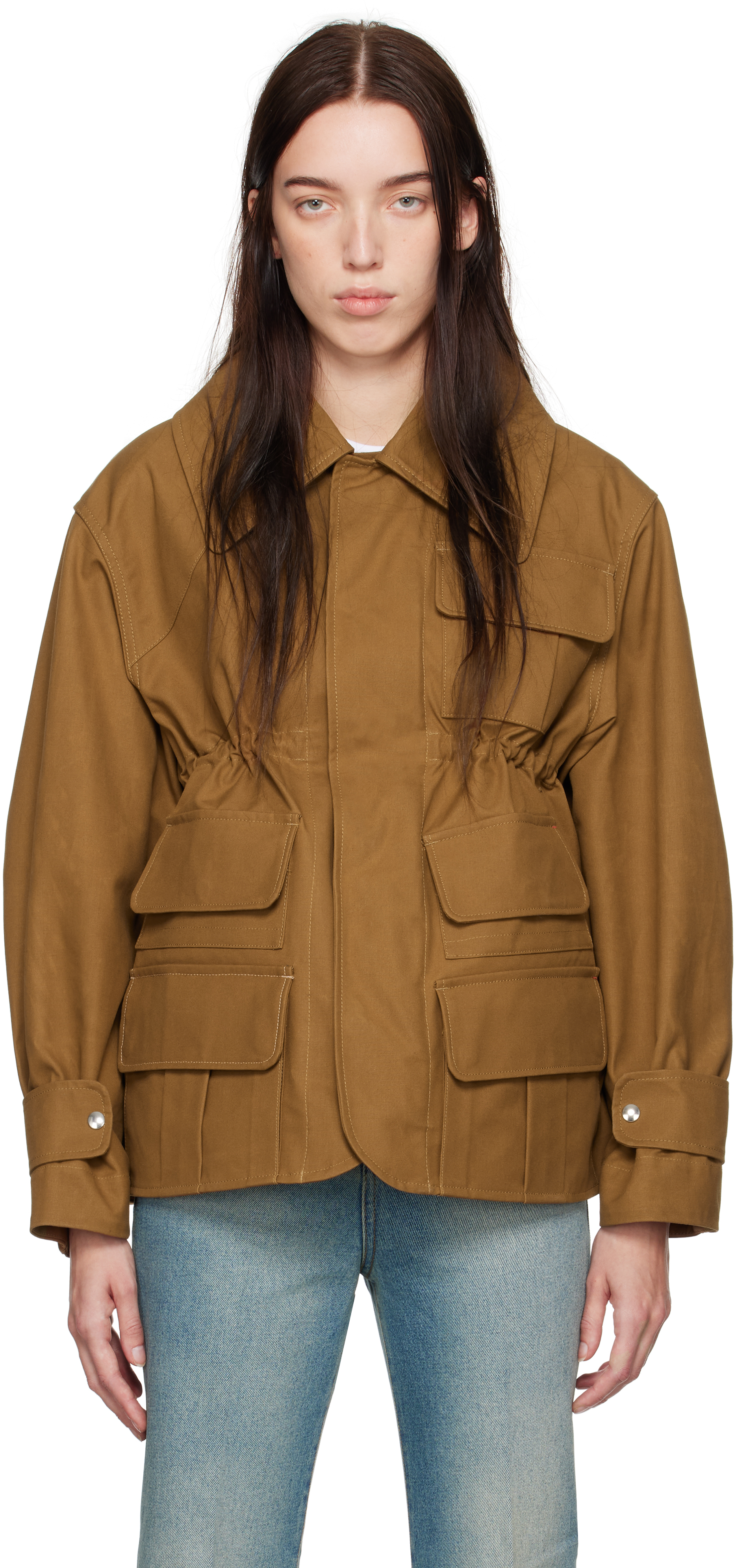 Tan Patch Pocket Utility Jacket by Victoria Beckham on Sale