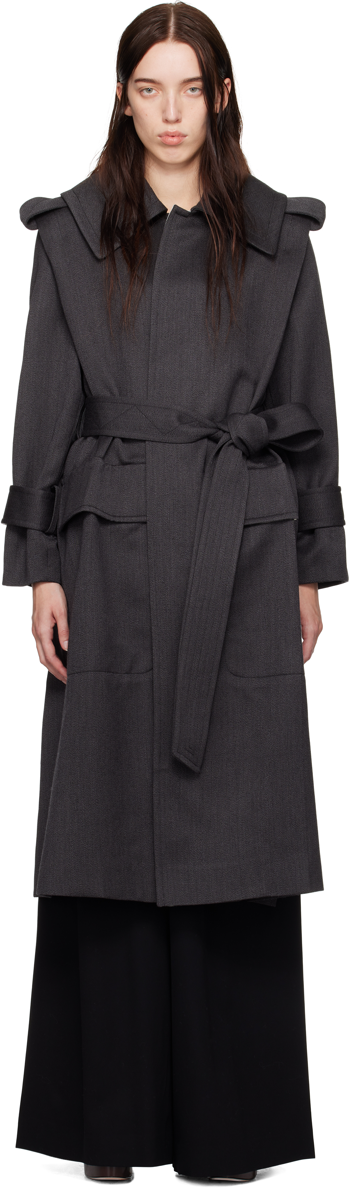 Shop Victoria Beckham Gray Belted Wool Trench Coat In Charcoal