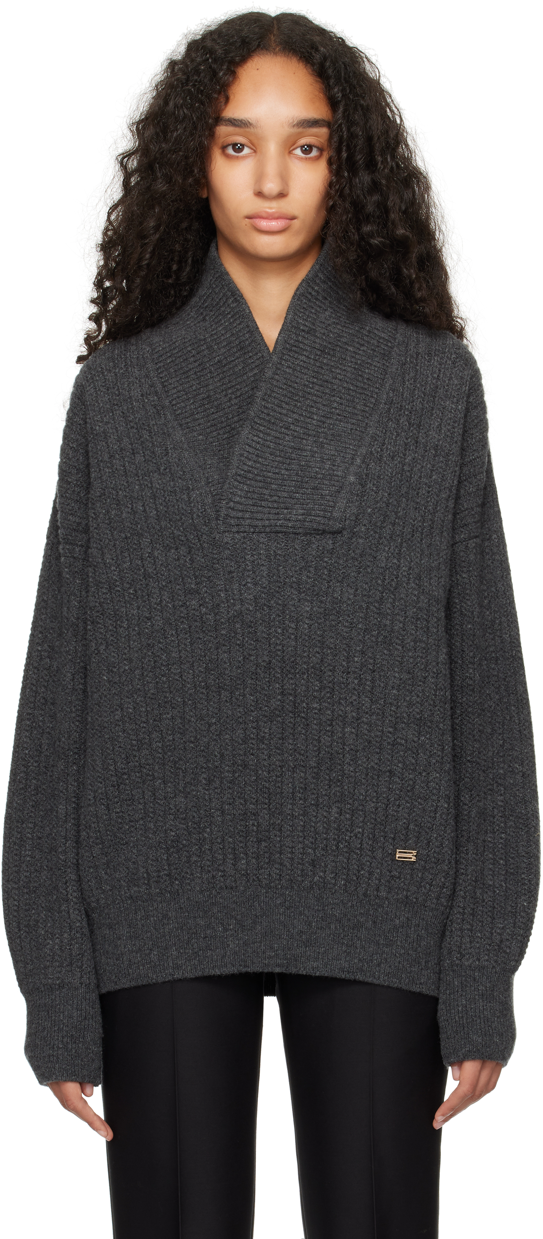 Shop Victoria Beckham Gray Shawl Neck Knitted Sweater In Charcoal