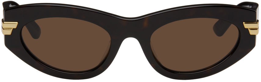 Bottega Veneta Tortoiseshell Oval Acetate Sunglasses In 002 Shiny Dark Havan