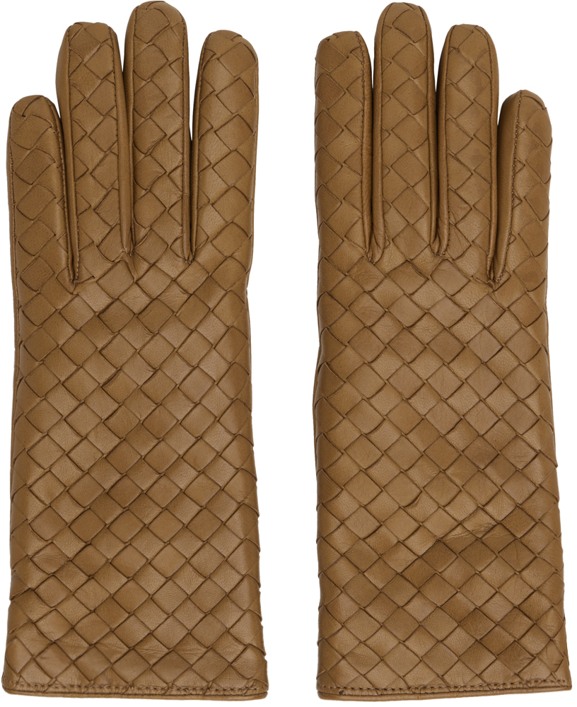 Shop Bottega Veneta Tan Intrecciato Leather Gloves In 7728 Acorn