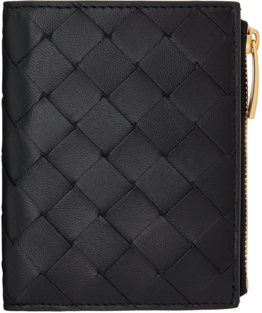 Bottega Veneta: Black Small Intrecciato Bi-Fold Zip Wallet | SSENSE