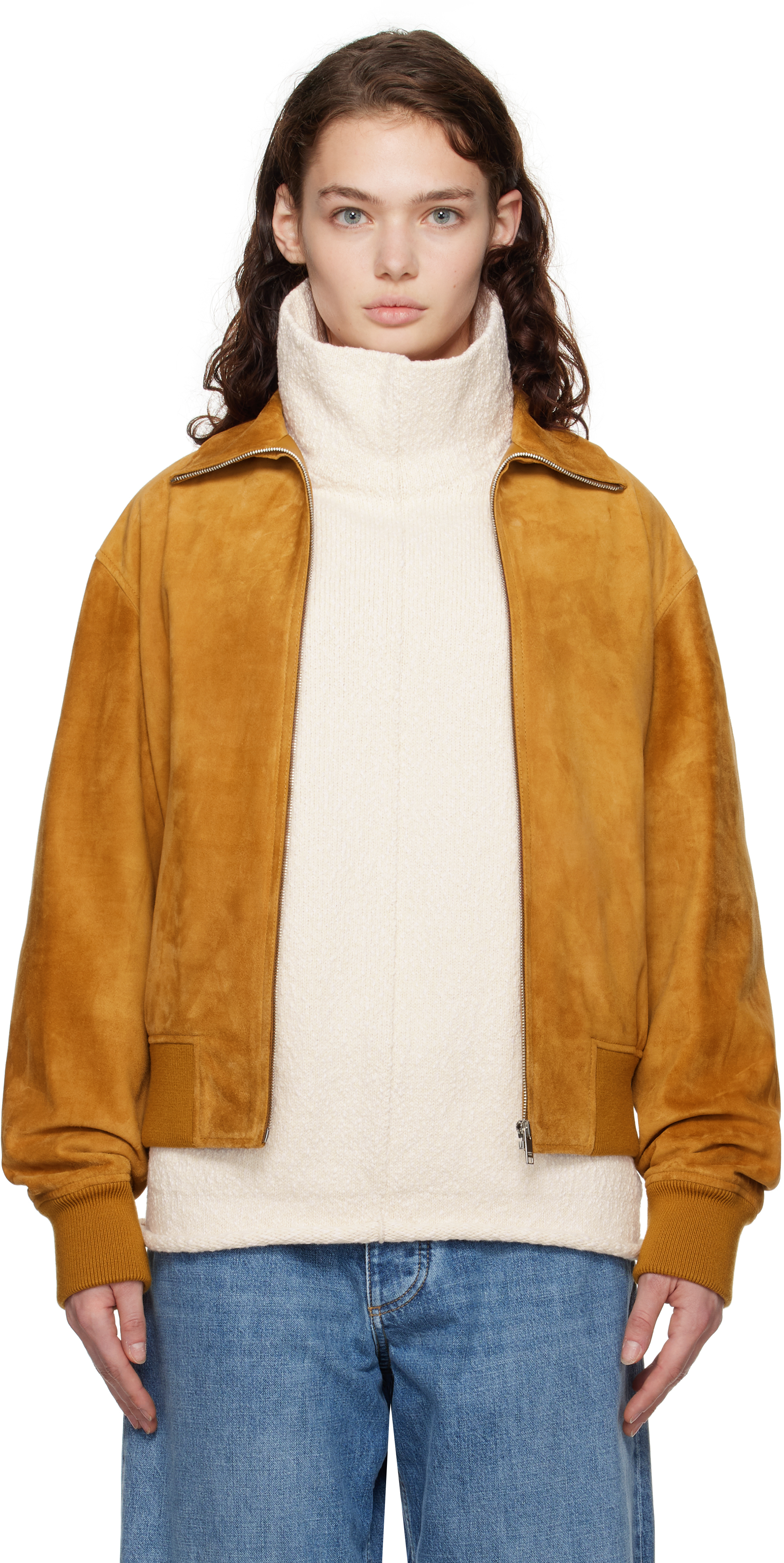 Shop Bottega Veneta Tan Calfskin Suede Jacket In 7004 Peanut Butter