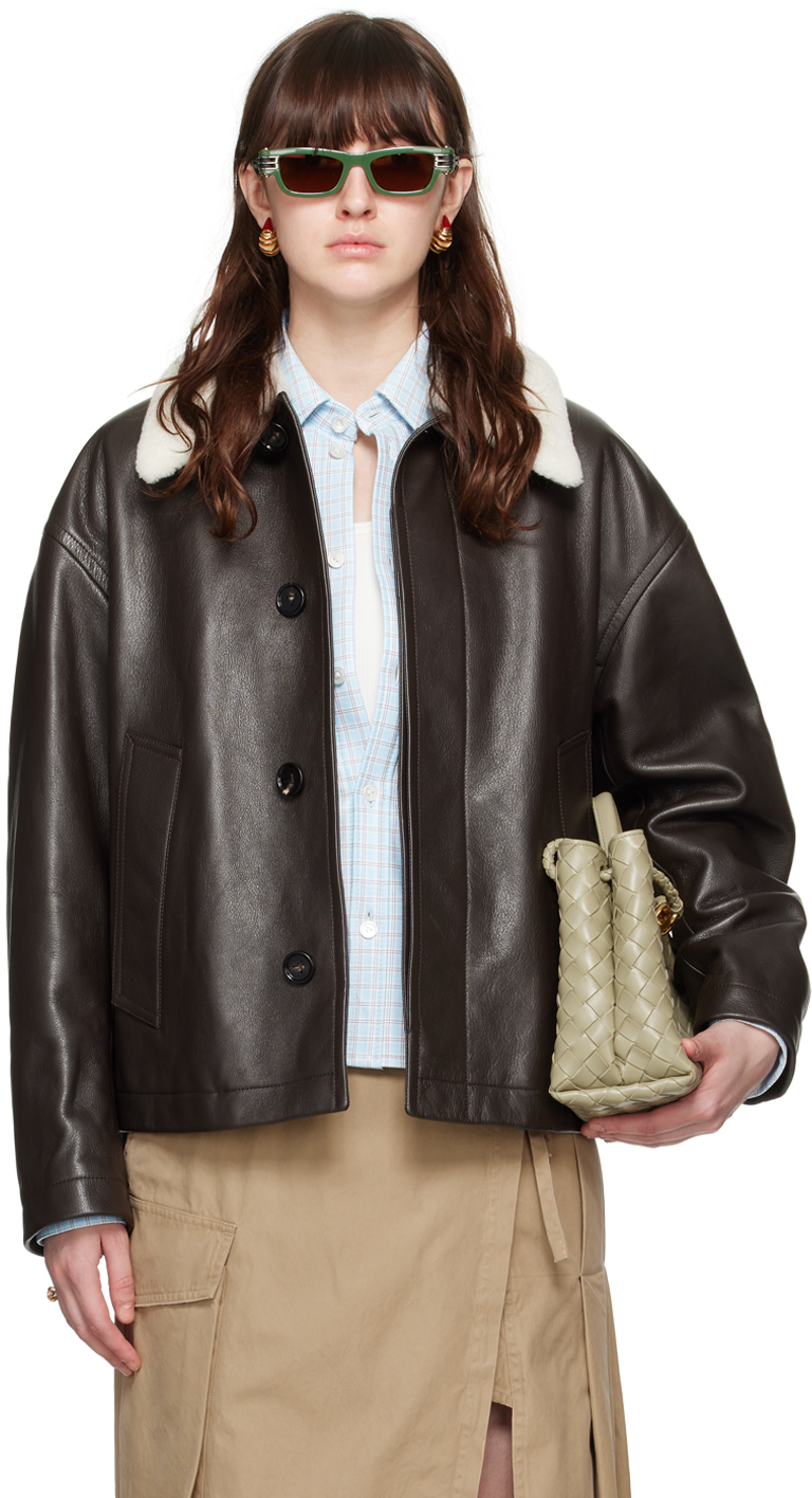 Brown Detachable Collar Leather Jacket