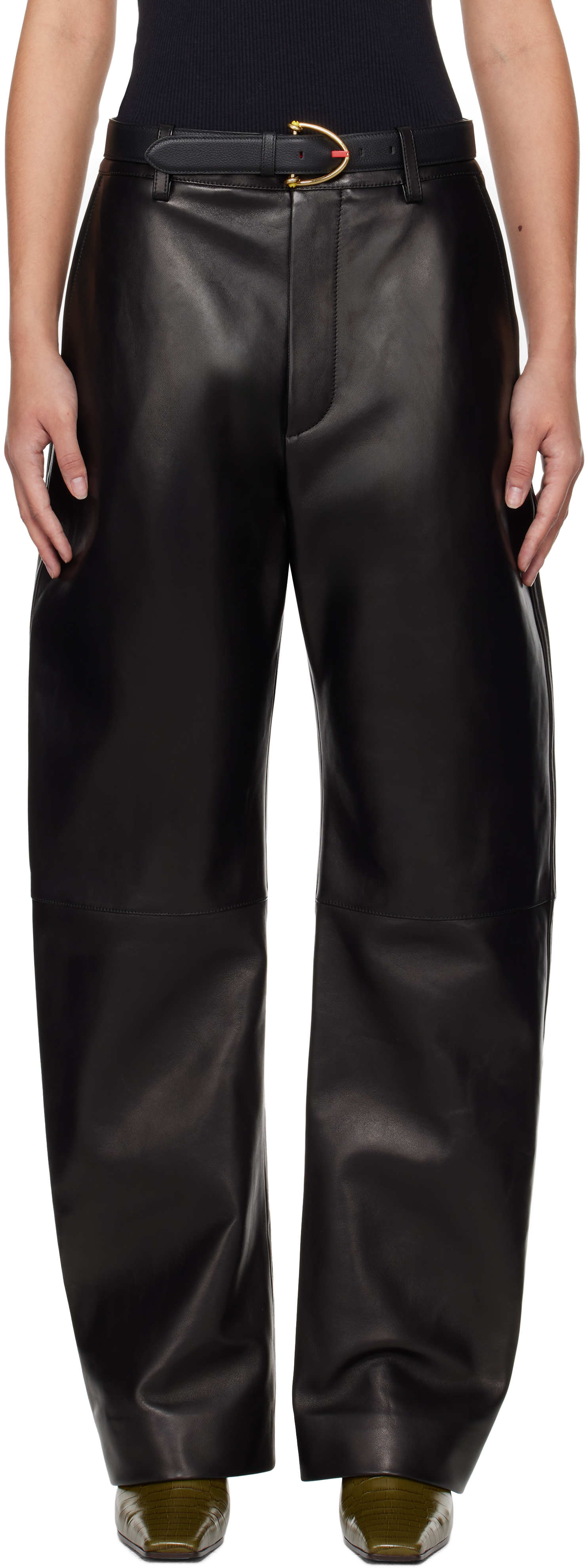 Black Rounded Leg Leather Pants