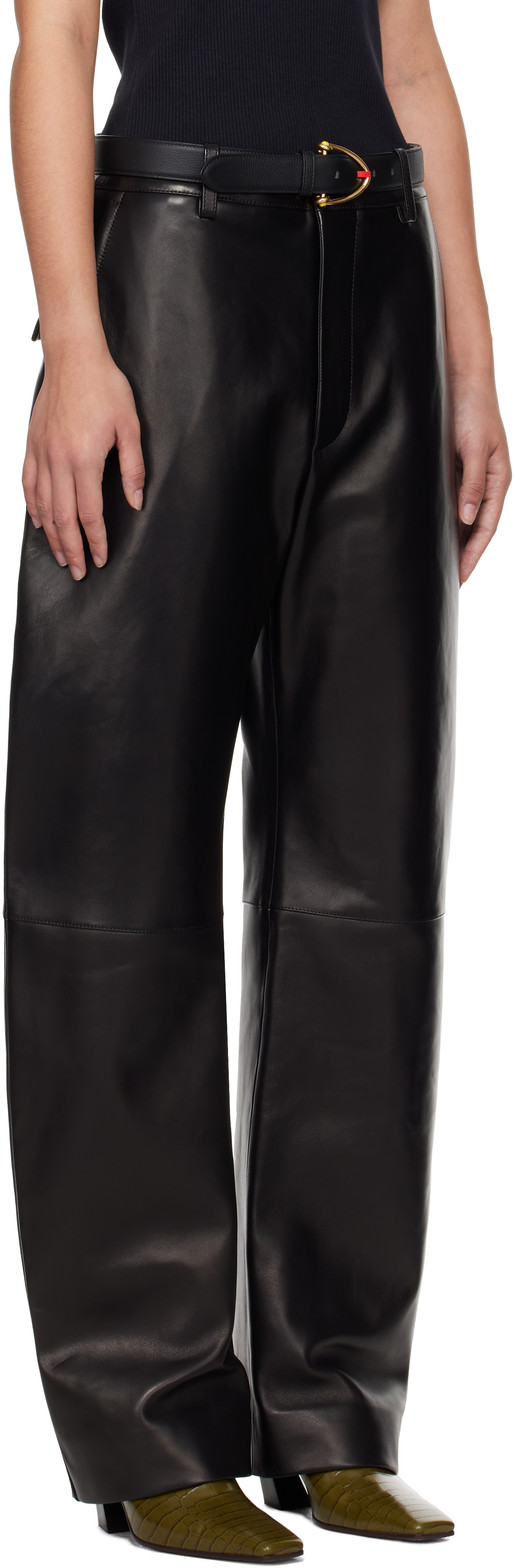 Bottega Veneta Mid-rise Leather Barrel-leg Pants In 1000 Black