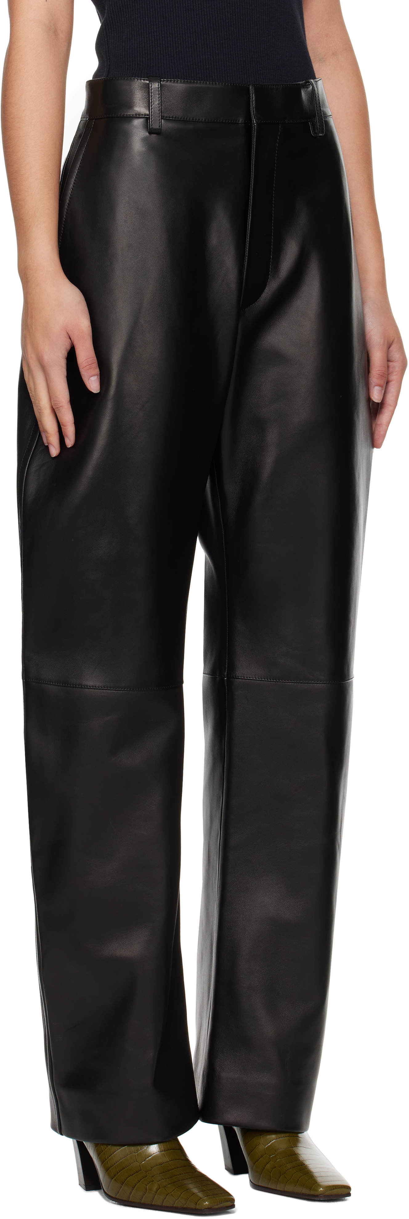 Bottega Veneta Mid-rise Leather Barrel-leg Pants In 1000 Black