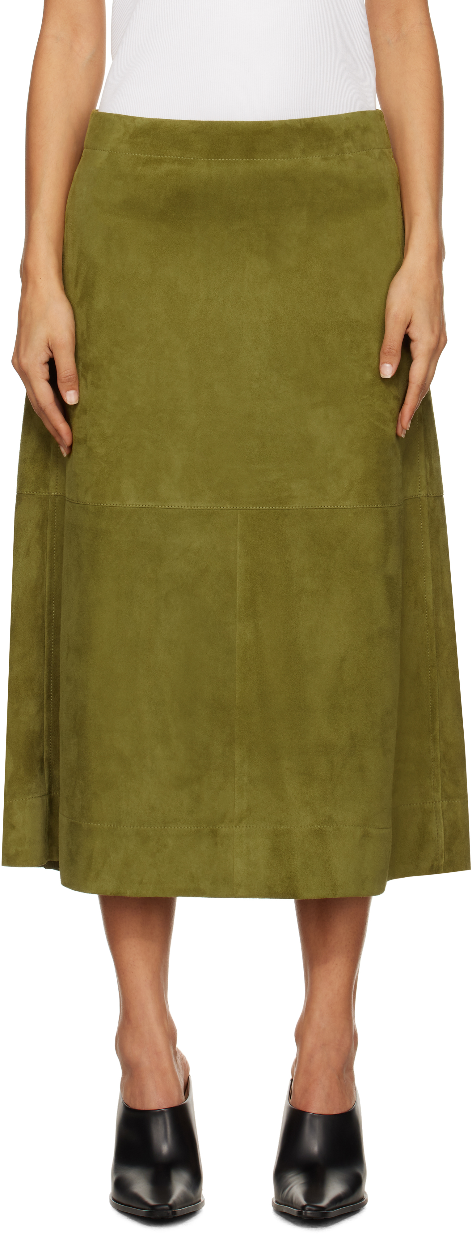 Green Full Grain Suede Midi Skirt