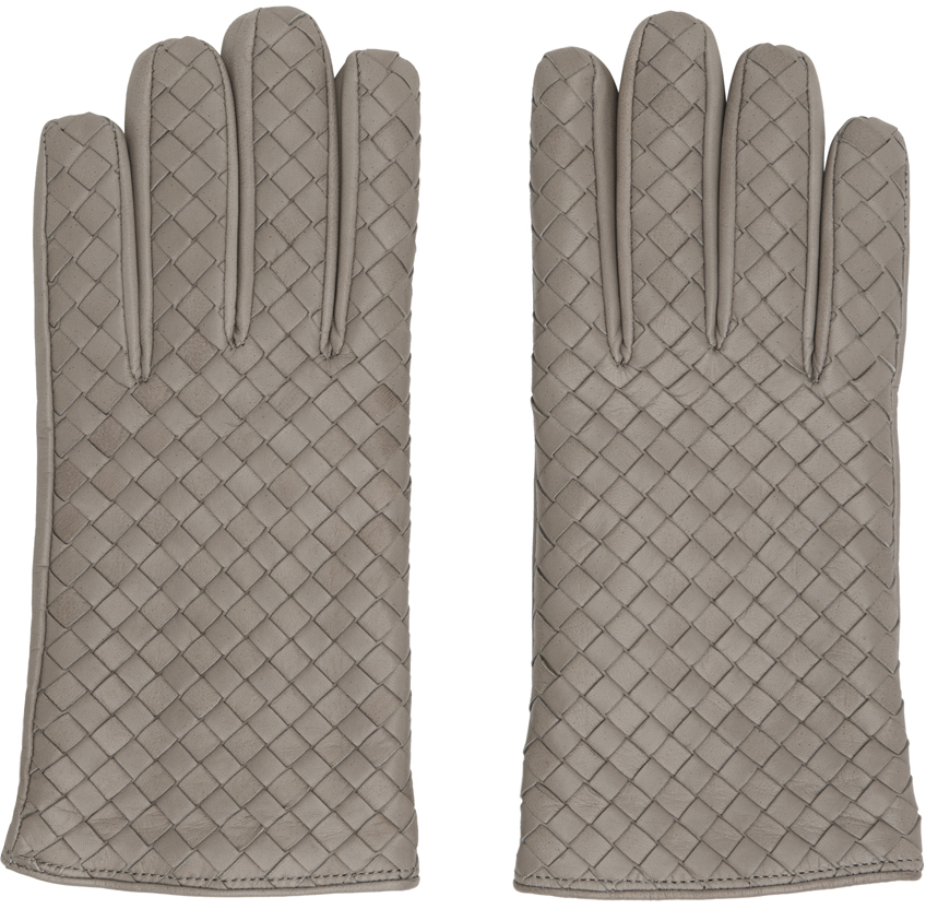 Gray Intrecciato Leather Gloves