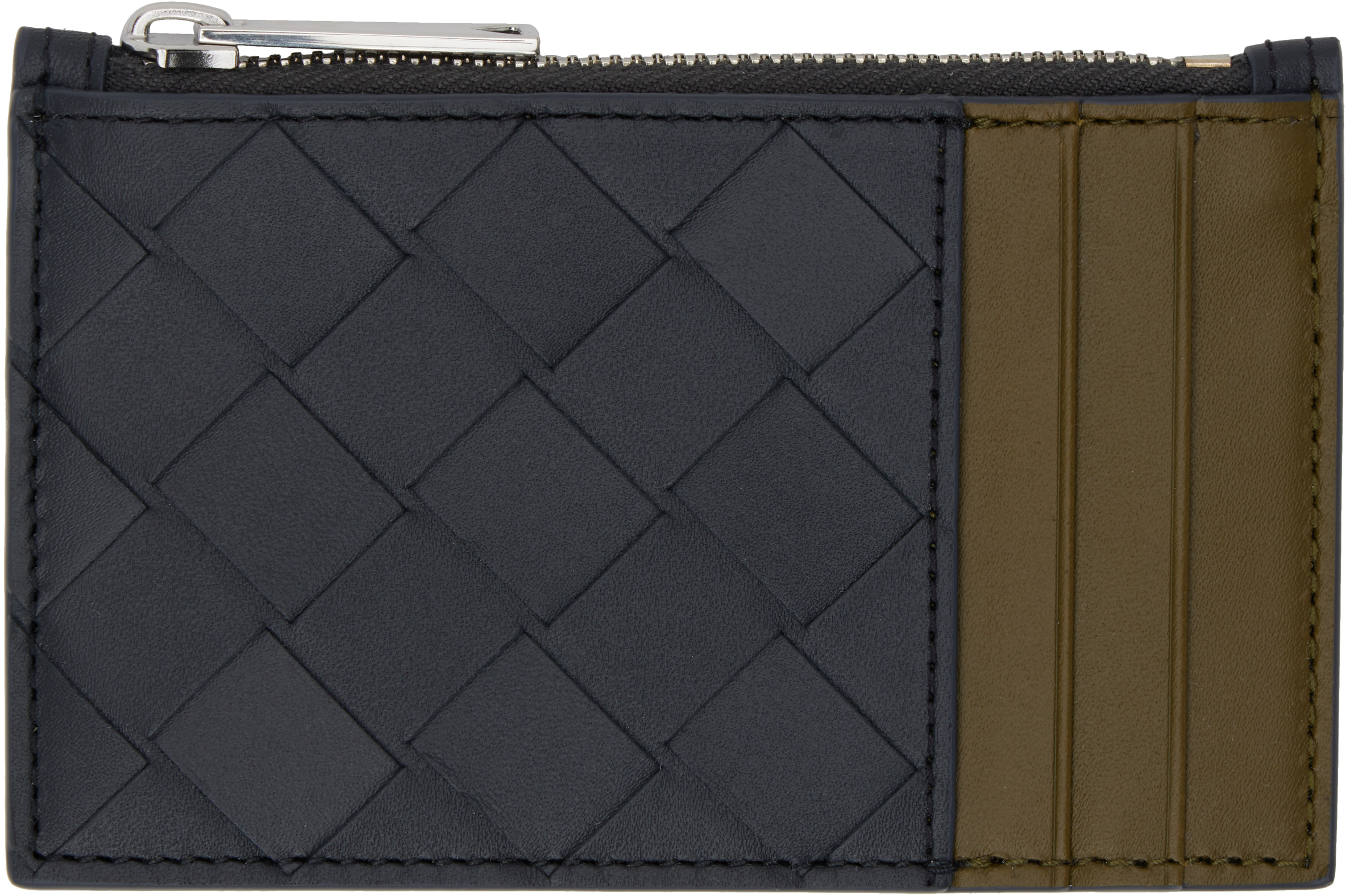 Shop Bottega Veneta Black & Khaki Intrecciato Zippered Card Holder In Shad N/ol Oi/ol Oi-s