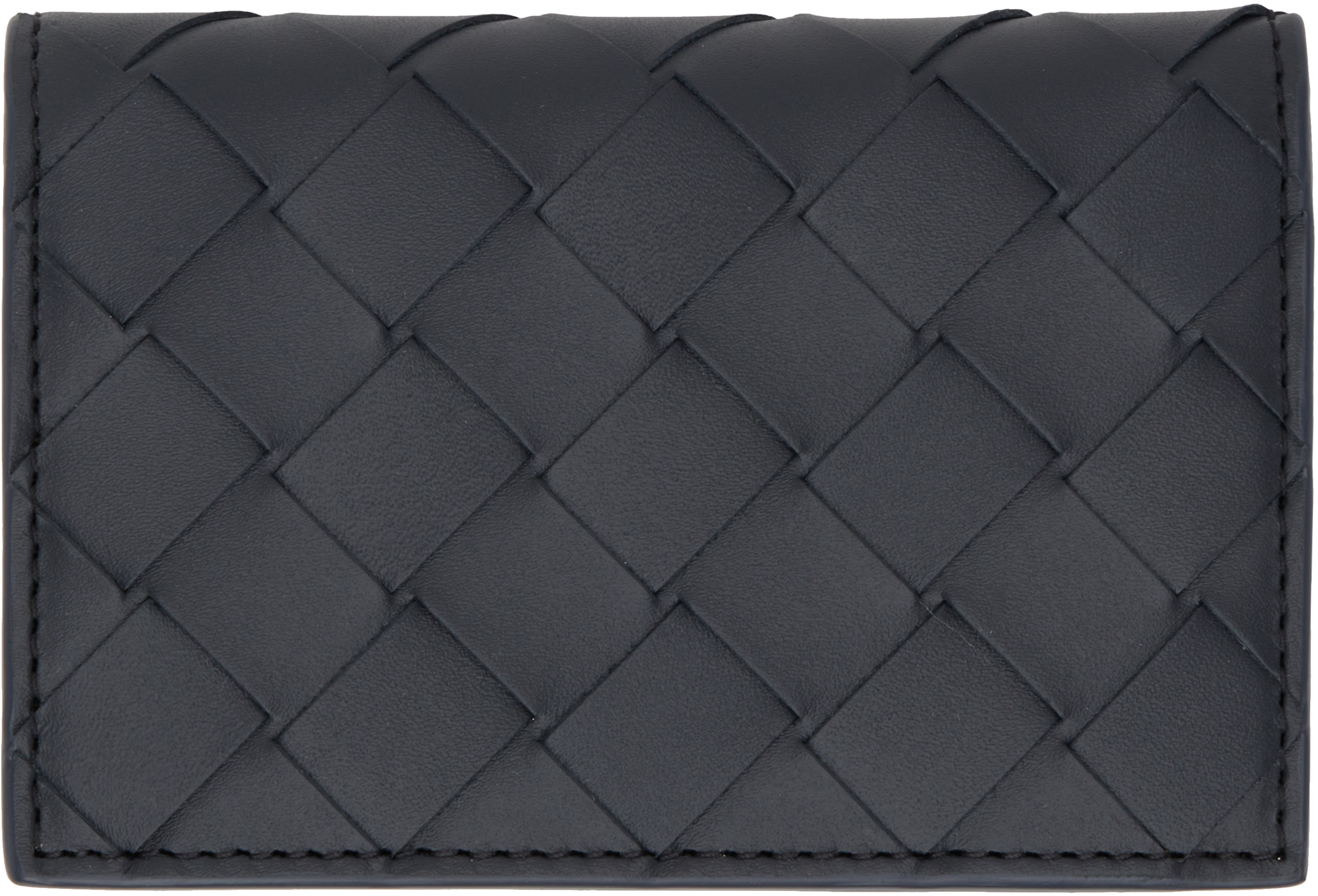 Bottega Veneta Black Intrecciato Flap Card Holder In Shadow N/olive Oil-s