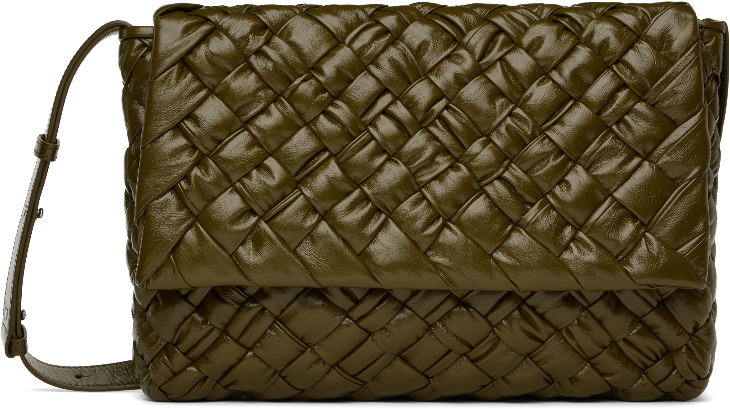 Bottega Veneta Khaki Rumple Messenger Bag In Olive Oil-silver