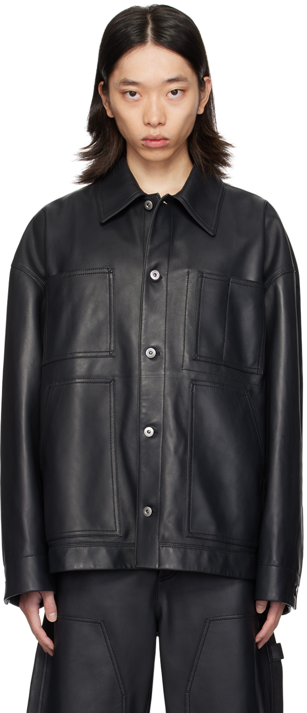 Shop Bottega Veneta Black Spread Collar Leather Jacket In 1312 Shadow