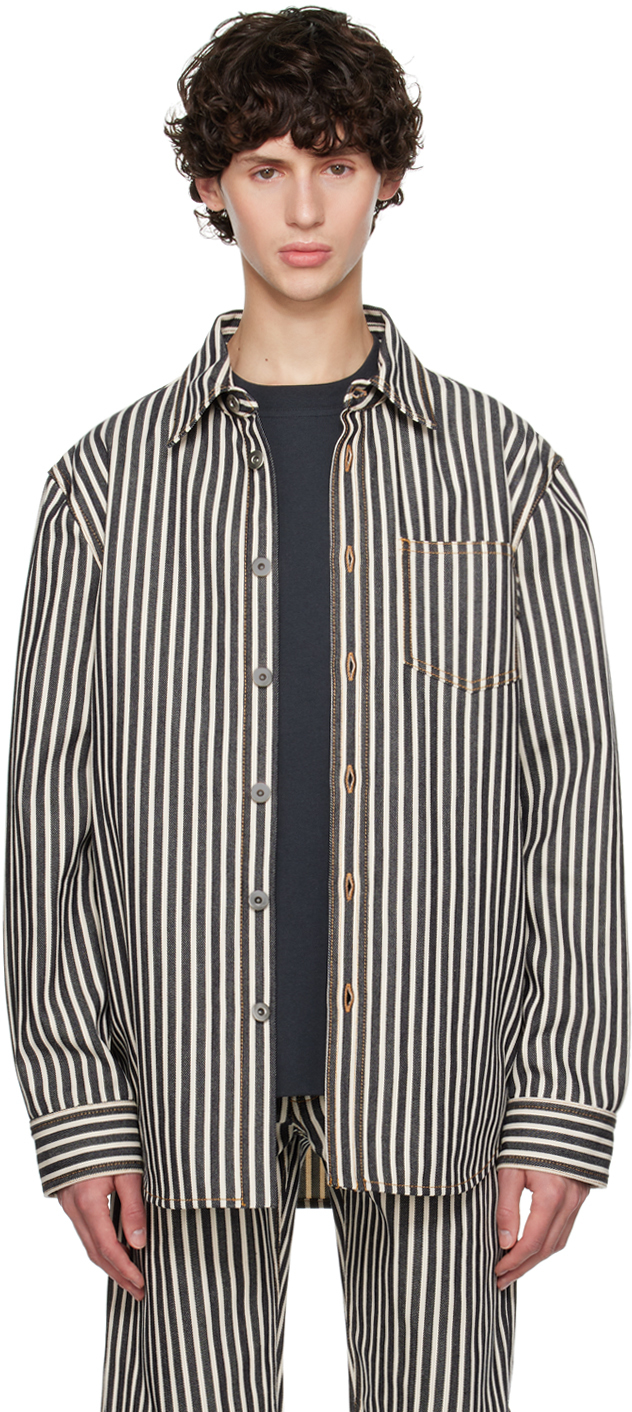 Shop Bottega Veneta Navy & Off-white Striped Shirt In 4037 Navy/ecru