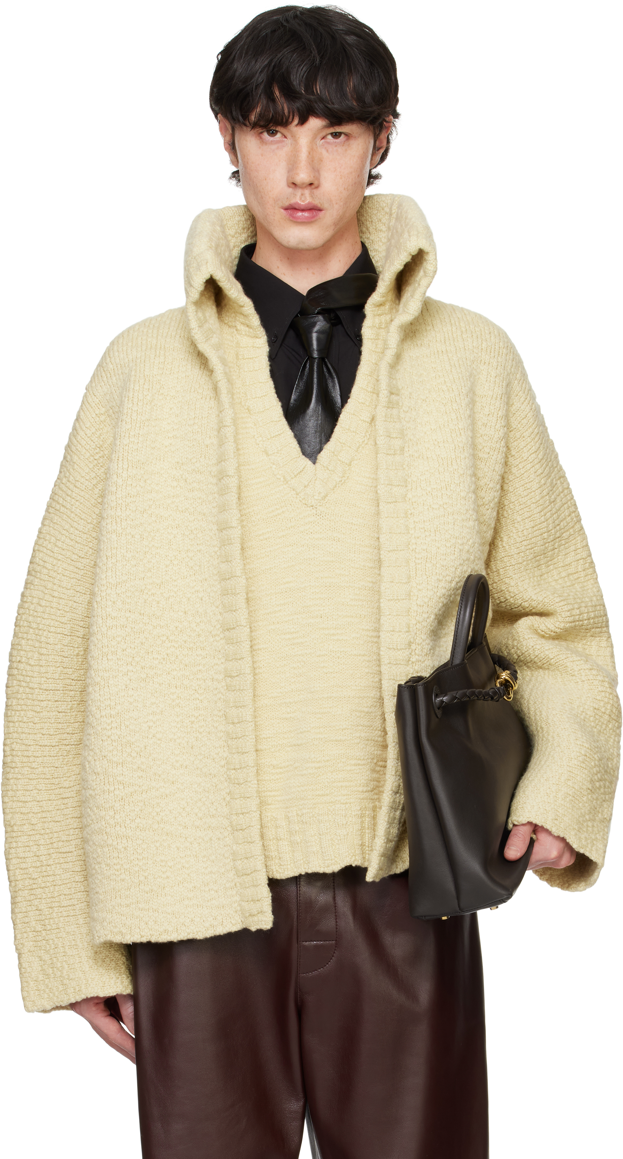 Yellow Textured Wool Double Layer Cardigan