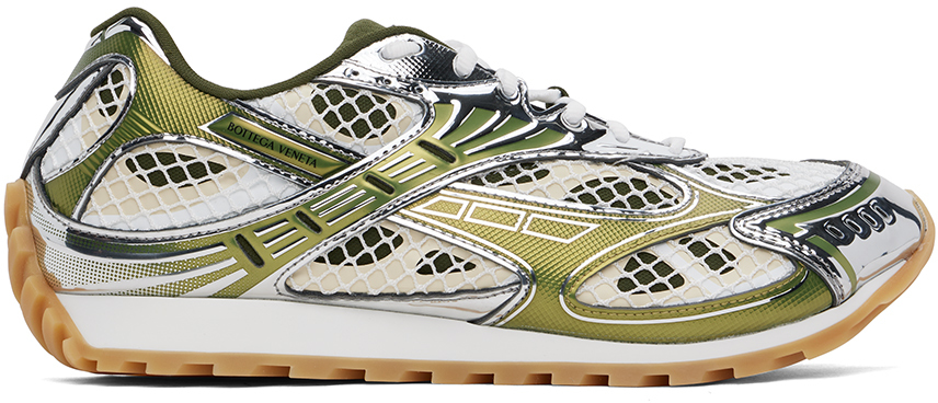 Shop Bottega Veneta Green & Silver Orbit Sneakers In 2848 Mud White