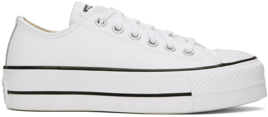 Shop Converse White Chuck Taylor All Star Platform Leather Low Top Sneakers In White/black/white