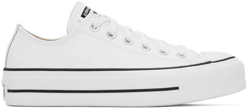 Shop Converse White Chuck Taylor All Star Platform Leather Low Top Sneakers In White/black/white