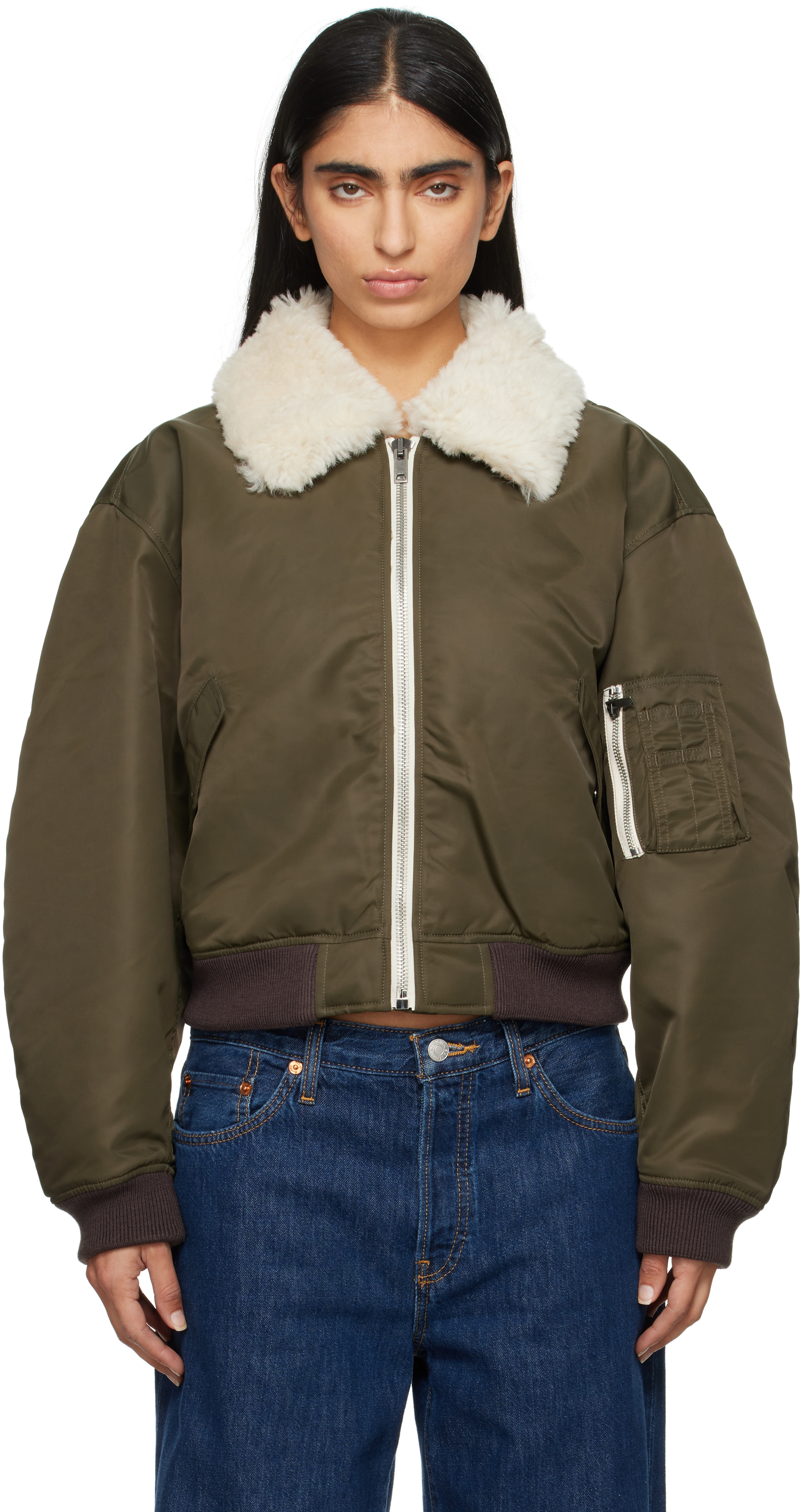 Shop Re/done Khaki Shrunken Bomber Jacket In Dark Military