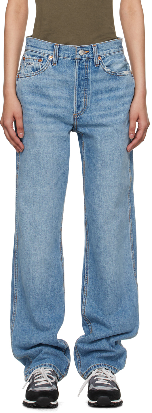 Shop Re/done Blue 90s High Rise Loose Jeans In Worn Blue