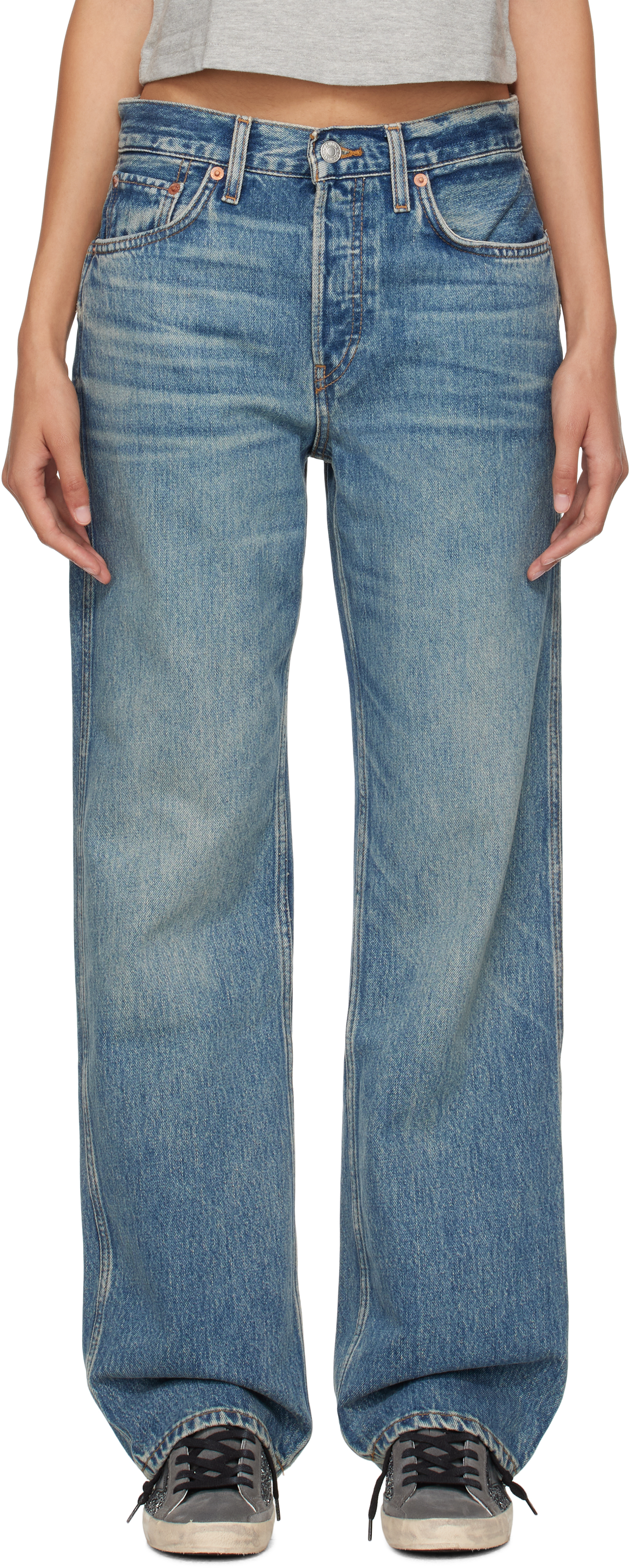 Shop Re/done Blue Relaxed Long Jeans In Crafted Indigo