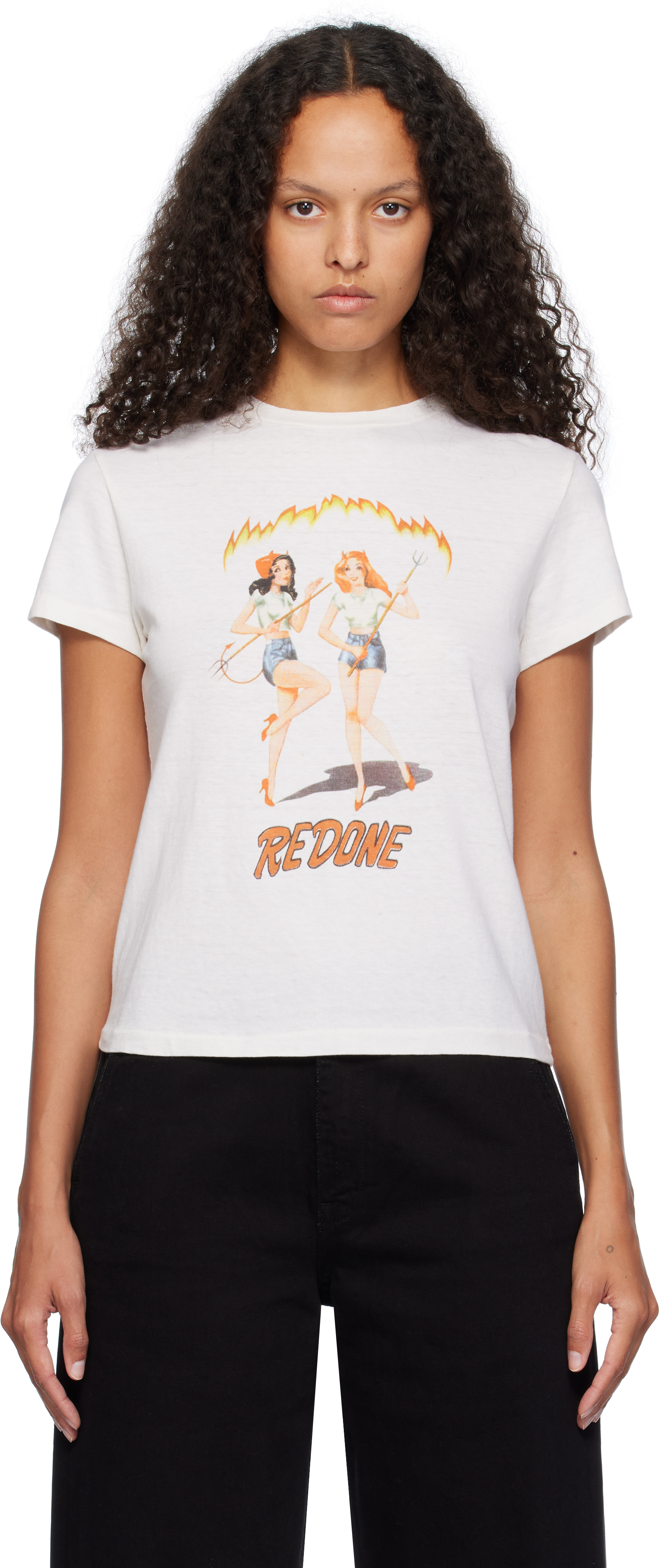 Shop Re/done Off-white Devil Girls Classic T-shirt In Vintage White