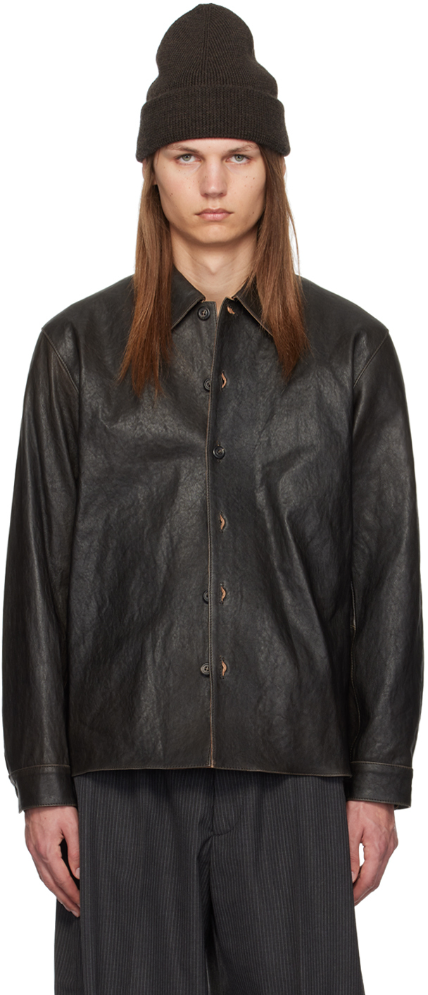 Shop Our Legacy Black Welding Leather Overshirt In Worn Brown Lambskin