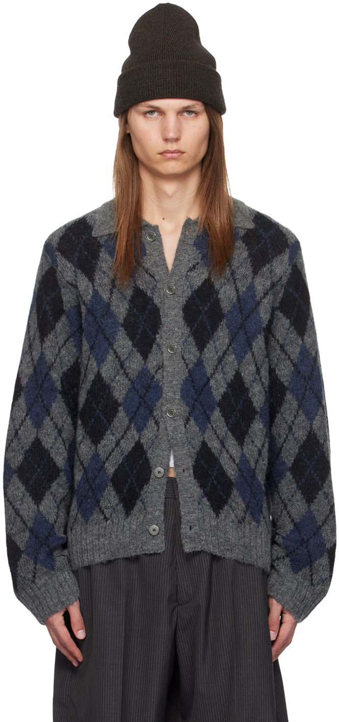 Shop Our Legacy Gray & Navy Evening Cardigan In Soft Duke Argyle