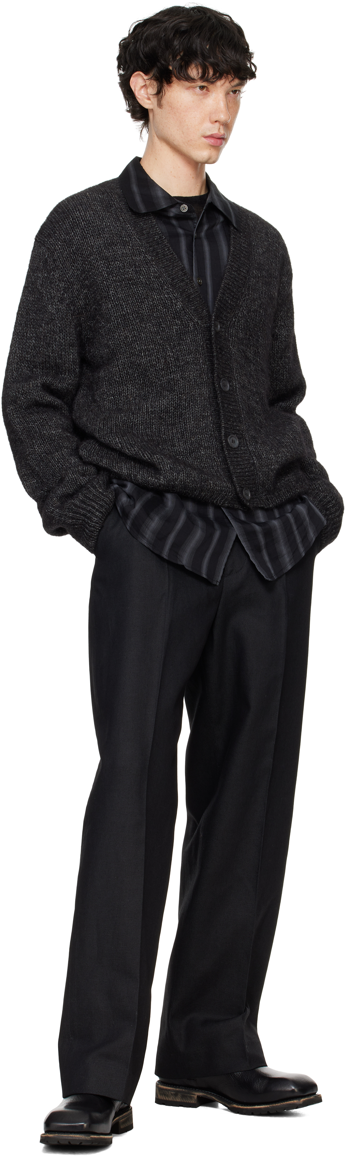Our Legacy Textured V-neck Cardigan With Button-down Front In Pepe Nero Airy Alpac