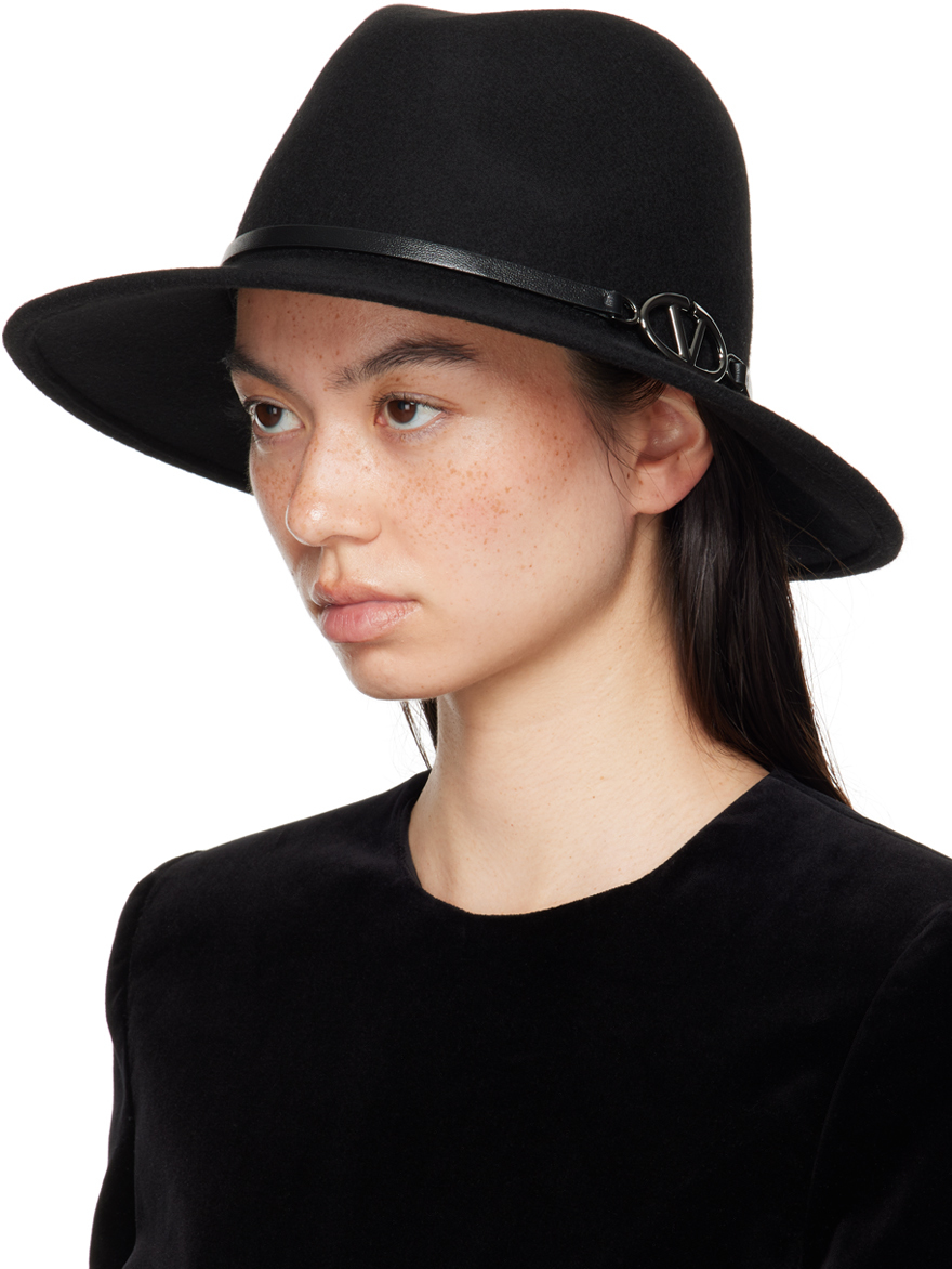Valentino Black Vlogo Wool & Calf Fedora In Ww9 Nero/nero/black