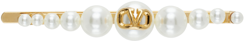 Shop Valentino Gold & White Vlogo Signature Metal Pearl Hair Clip In 0o3 Oro 18/cream