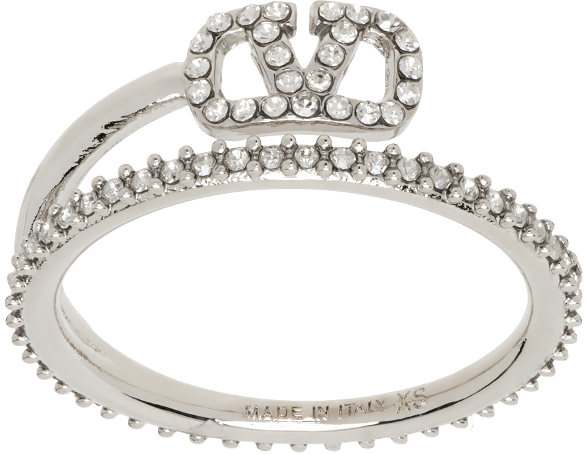 Shop Valentino Silver Vlogo Signature Metal & Crystal Ring In 68s Palladium/crysta