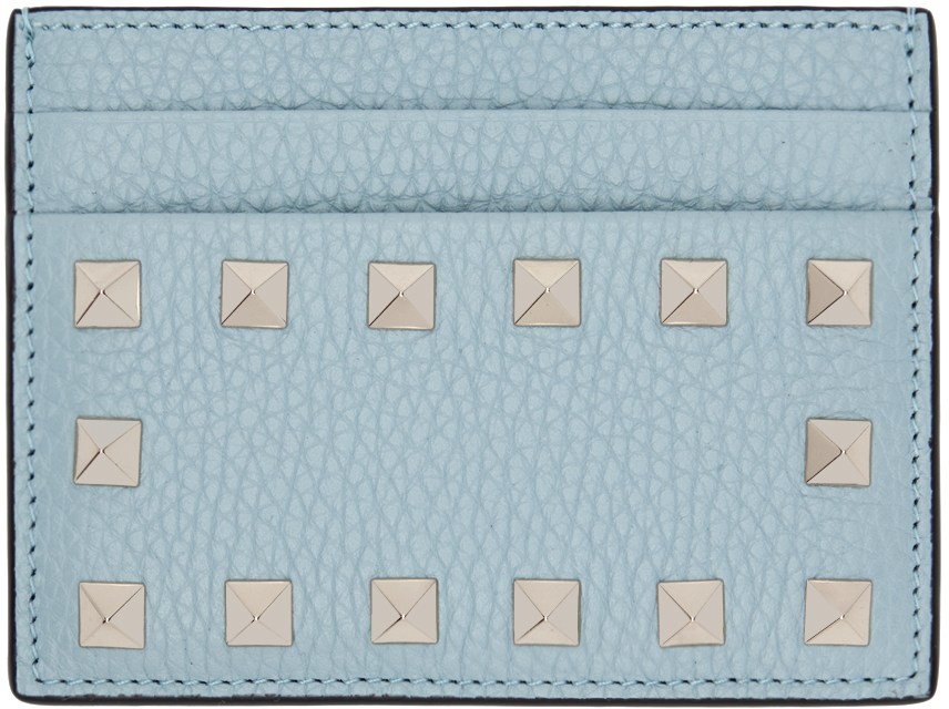 Valentino Garavani Blue Rockstud Grainy Calfskin Card Holder In Zj4 Blu Porcellana