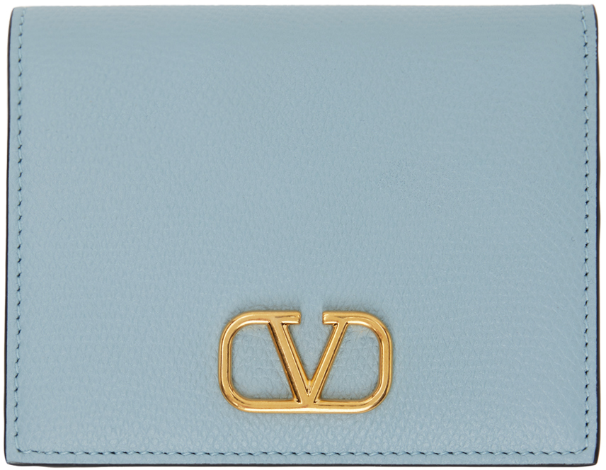 Blue Compact VLogo Signature Grainy Calfskin Wallet