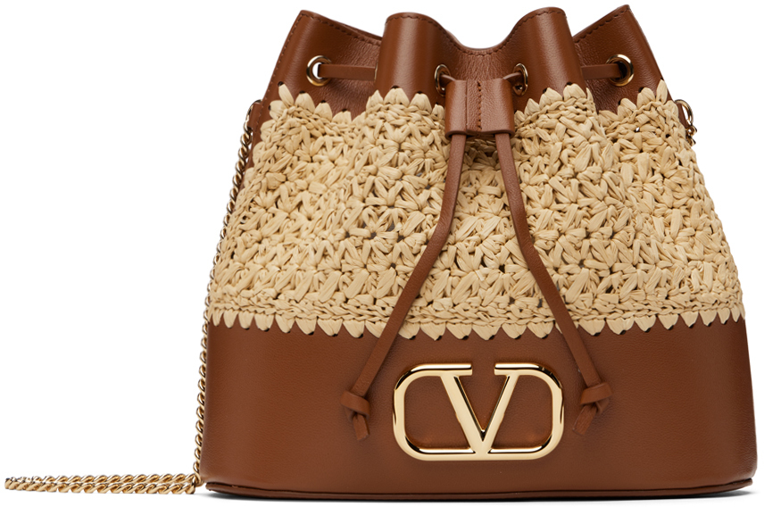 Beige & Tan Mini Raffia VLogo Bucket Bag