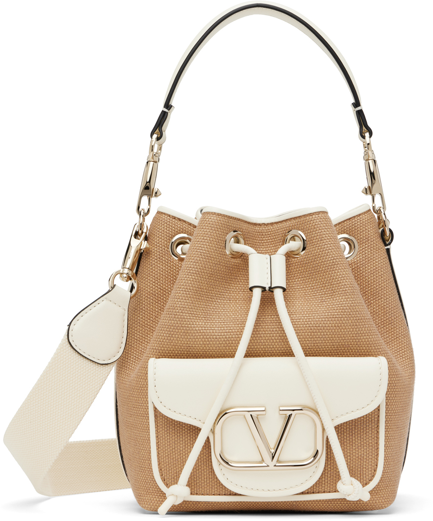 Valentino Garavani: Beige Locò Raffia Bucket Bag | SSENSE