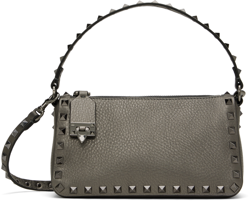 Gray Small Rockstud Grainy Calfskin Bag