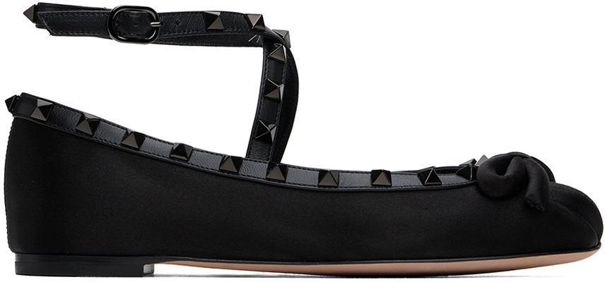 Shop Valentino Black Rockstud Satin Ballerina Flats In 0no Nero