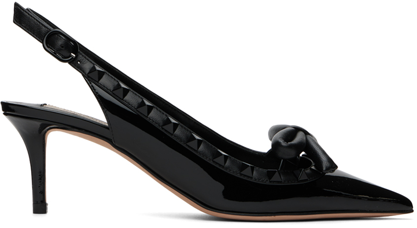 Shop Valentino Black Rockstud Bow Slingback Heels In 0no Nero