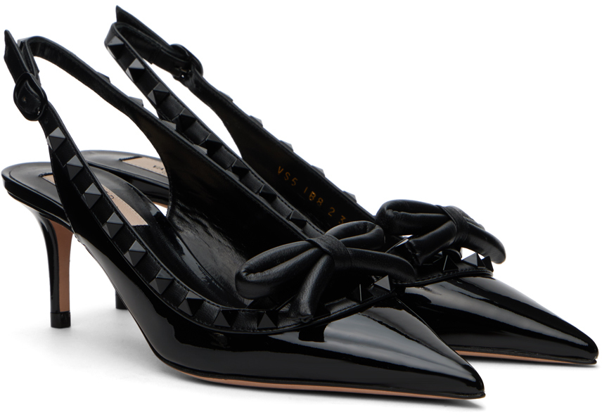 Valentino Black Rockstud Bow Slingback Heels In 0no Nero