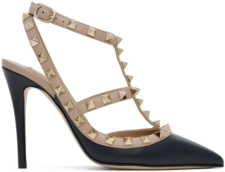 Shop Valentino Taupe & Navy Rockstud Caged 100mm Heels In B89 Marine/poudre